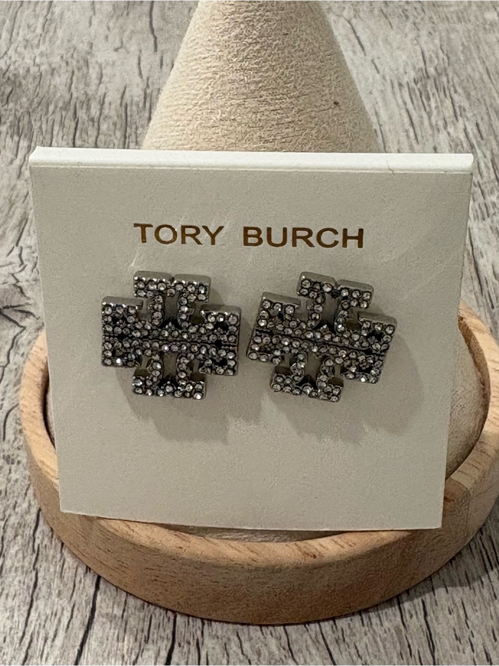 Tory Burch Pavé Logo Stud Earrings in Silver and Clear Crystal